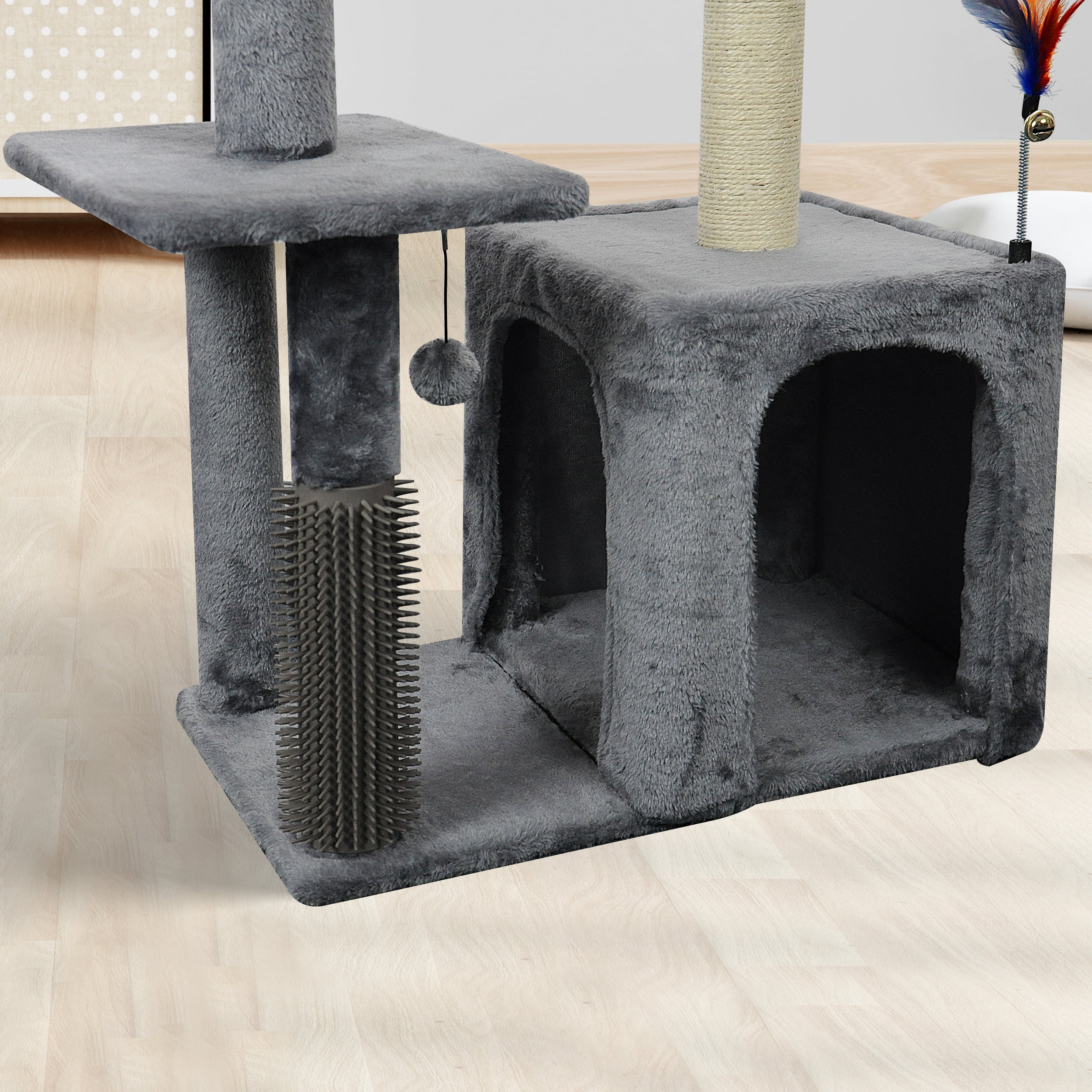 WK 31.50" Cat Tree for Indoor Cats with Cat Condo and Scratching Post,Cute Cat Tower with Self-Grooming Brush and Toy Balls,Grey