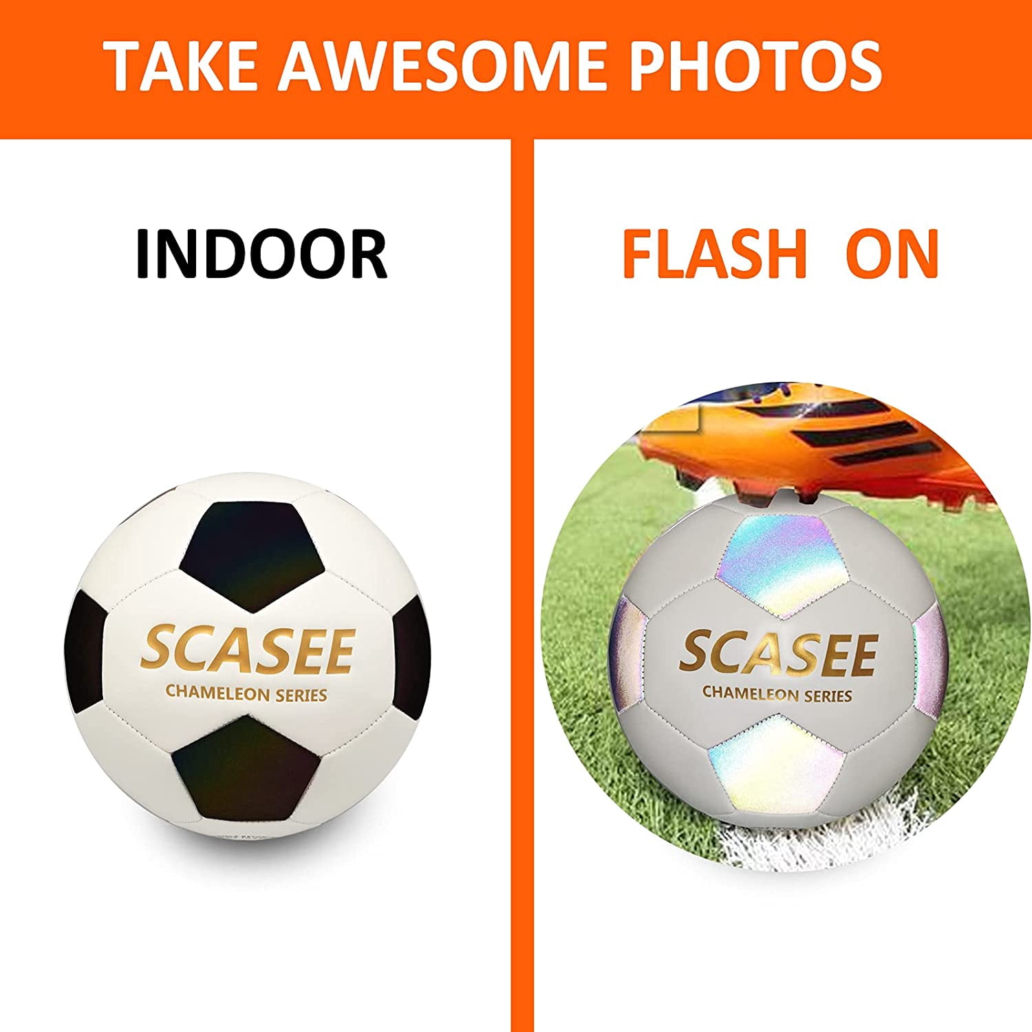 Glow Soccer Ball-Flash Holographic Reflective and Leather Size 4 & Size 5 Soccer Balls (Adult/PRO)-Discoloration in The Sun-Gifts for Men Women Indoor Outdoor Soccer Training