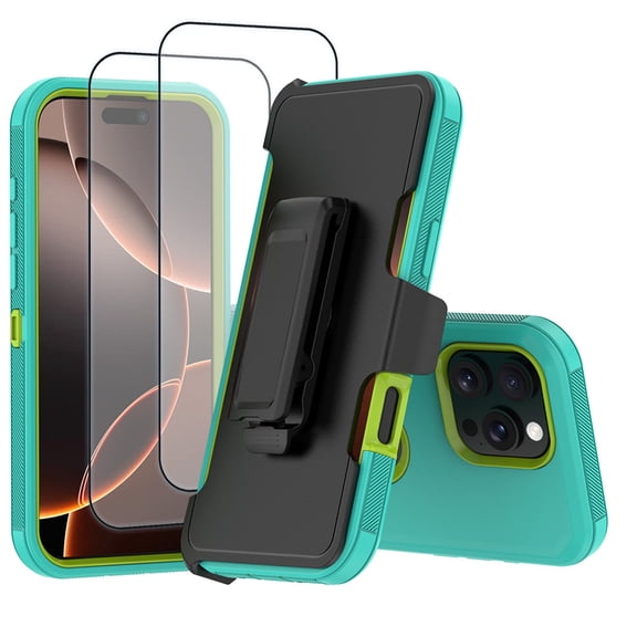 Hotpom for iPhone 13 Pro Max phone Case with 2 Pack Screen Protector Shockproof/ Drop Proof Protection with Black Belt Clip, Green/ Yellow