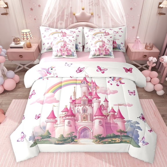 Feelyou Dreamy Pink Castle Bedding Comforter Set 7 Pieces for Teen, Fairy Tale Princess Full Bedding Set, Kawaii Butterfly Rainbow Reversible Fitted Sheet Flat Sheet, Microfiber Bedroom Decor
