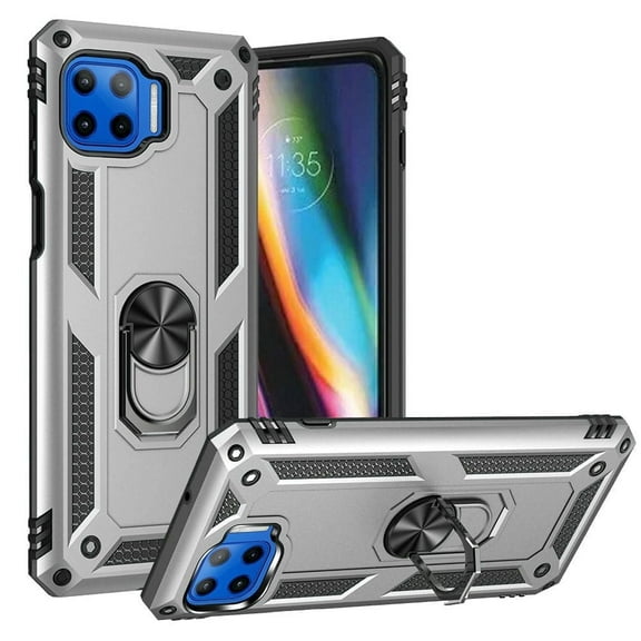 For Motorola Moto One 5g Moto G 5g Plus Magnetic Ring Kickstand Hybrid Case Cover - Silver