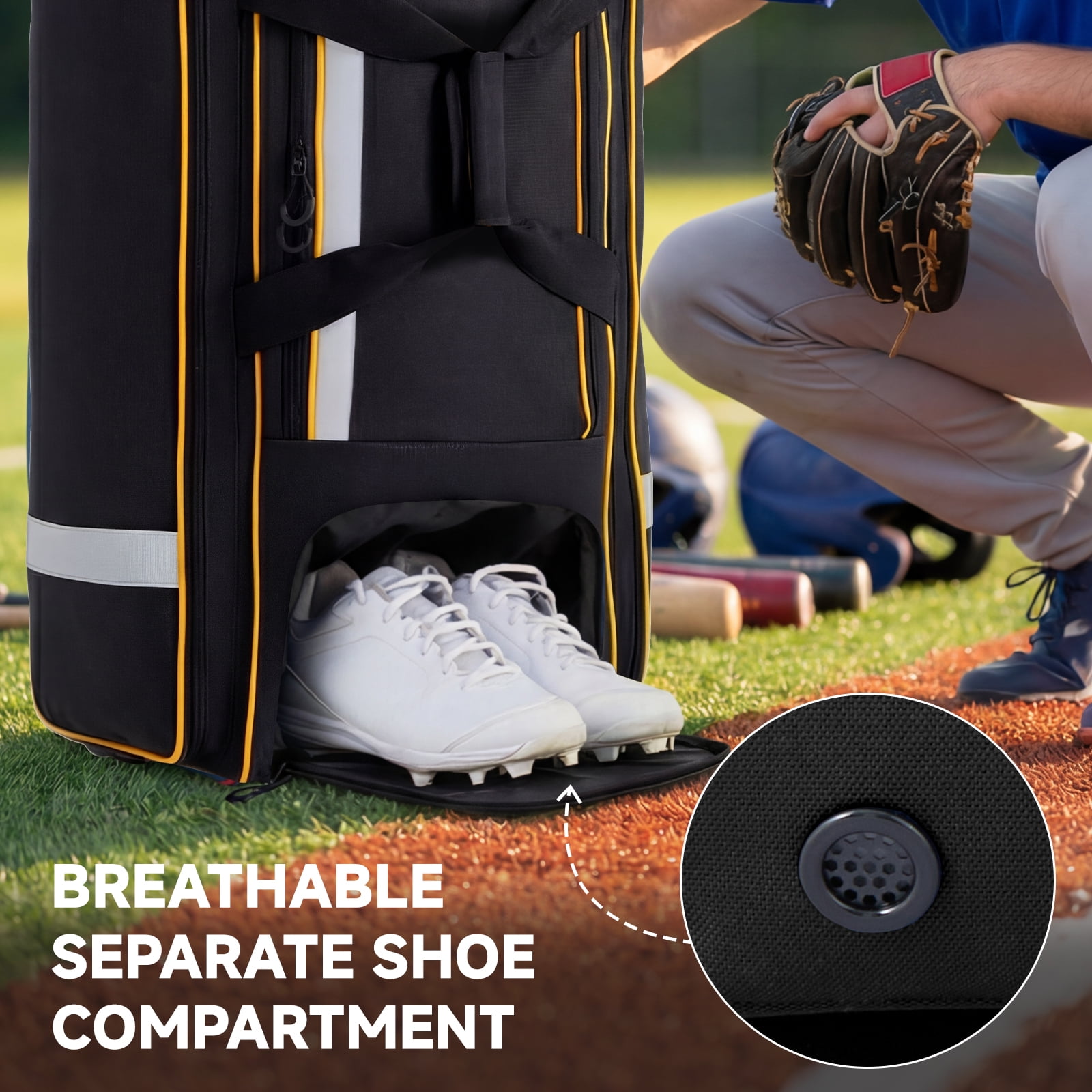 Fegat Rolling Baseball Bag with Wheels,100L Large Softball Bag Catchers Gear Bags for 8 Bats,Equipment Bag with 5 Fence Hooks,Reflective Strip,Shoe Compartment,Holds All Softball Baseball Equipment