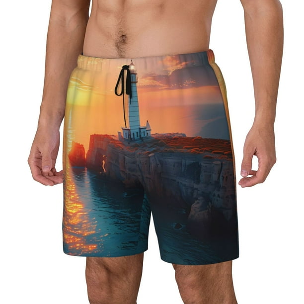 Balery Lighthouse At Sunset Coast Bañador para hombre, shorts de playa de secado rápido con entrepierna y forro de compresión-Medium