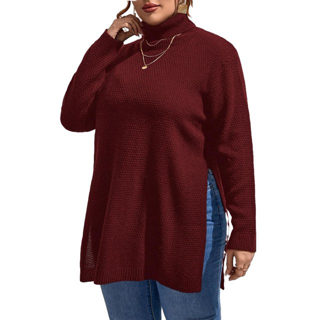 Casual Plain High Neck Pullovers Long Sleeve Burgundy Plus Size