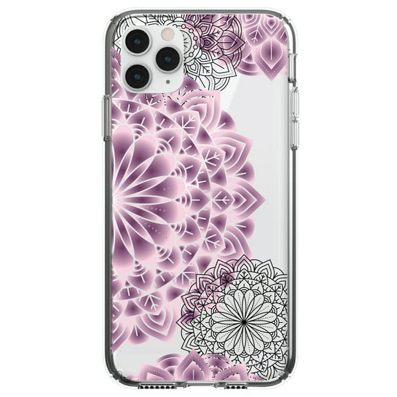 DistinctInk Clear Shockproof Hybrid Case for iPhone 13 PRO (6.1" Screen) - TPU Bumper, Acrylic Back, Tempered Glass Screen Protector - Mandala - Purple and Pink and Black