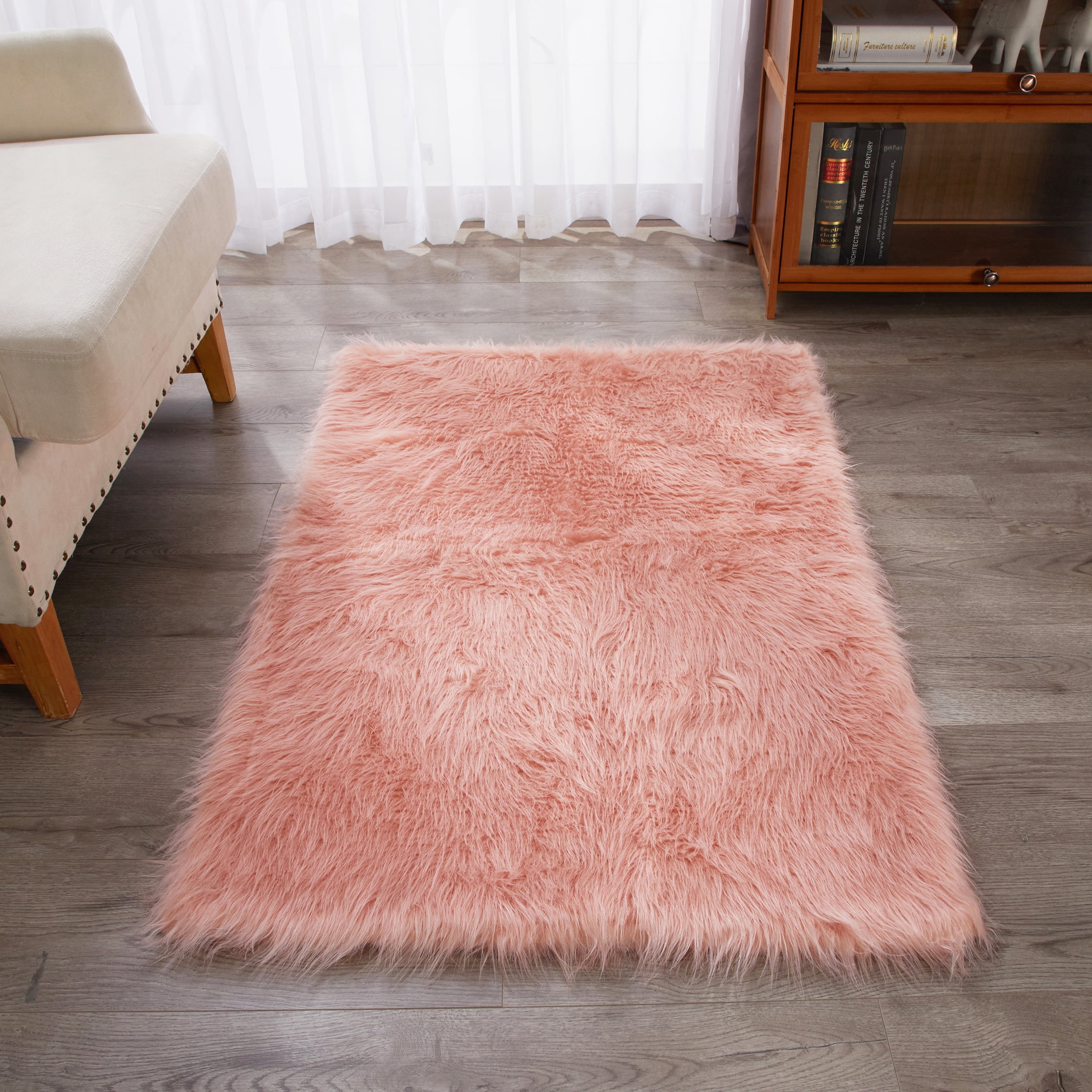 Mainstays Faux Fur Rug Non-Skid Fluffy Floor Rug for living room, 30''x46'', Pink