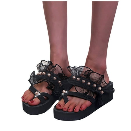 

Aayomet Women Slippers Fashion Flops Slippers Platform Women s Pearl With Casual Slope Lace Flip Women s slipper Khaki 8.5
