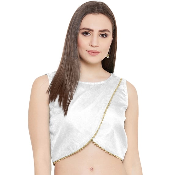 eloria Women Round Neck Sari Top Blouse Casual Short Sleeve With Triangle Lace, Art Silk Color : White, SIZE : 42