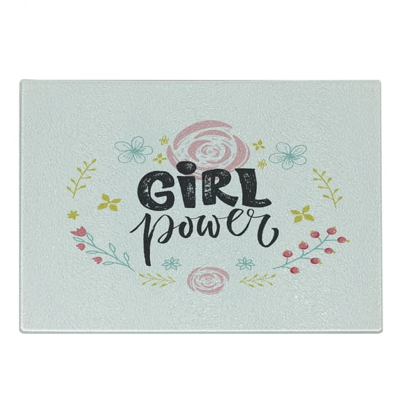 Feminist Cutting Board, Typography Girl Power Phrase and Hand-Drawn Style Floral Wreath Print, Decorative Tempered Glass Cutting and Serving Board, Small Size, Multicolor, by Ambesonne