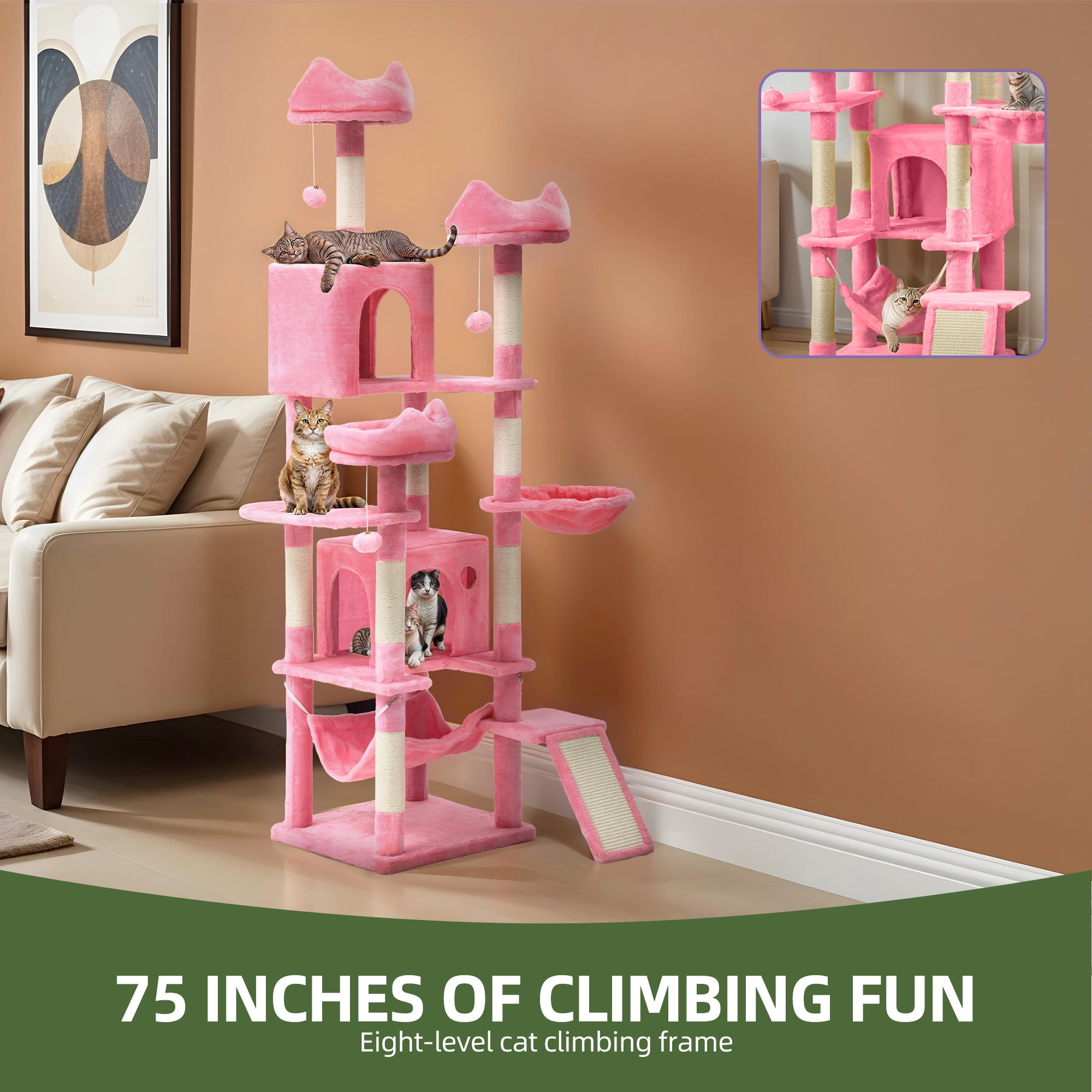 Uforic 75" Tall Cat Tree, Multi-Level Cat Tower with Condos, Hammocks, Scratching Posts, Pink