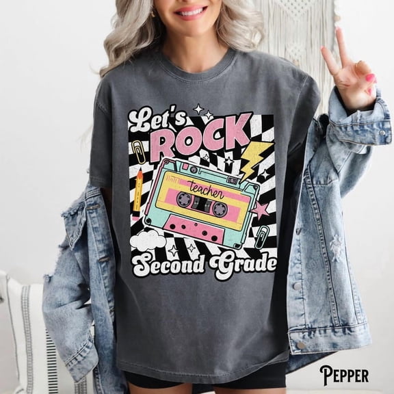 Second Grade Teacher Shirt, 2nd Grade T-Shirt, Checker Retro Tee, Back To School, Cassette Tape, Let's Rock, Teacher Gift