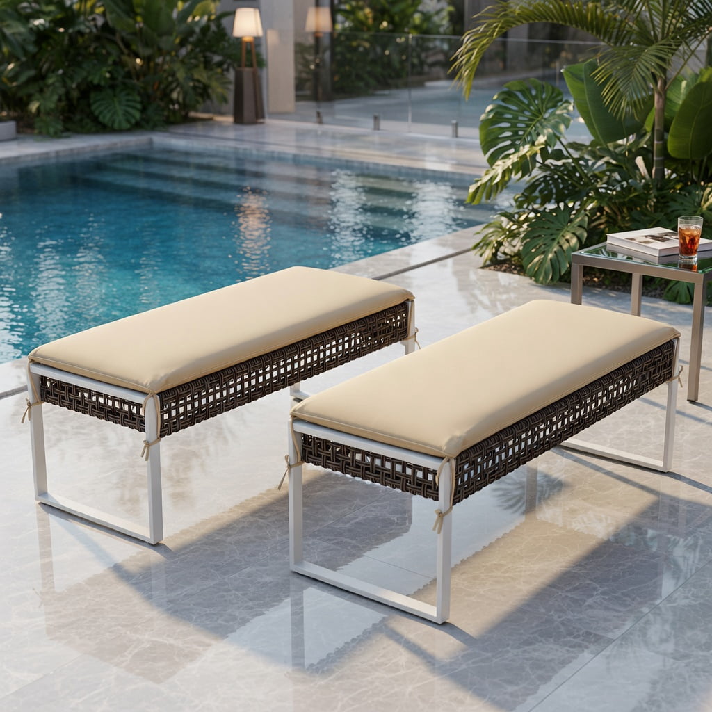 Hommoo 43" Patio Ottoman with Woven PE Rattan Seat, Metal Frame & Removable Cushion, Outdoor Footrest, Loveseat Bench or Coffee Table for Backyard, Poolside & Porch, Natural