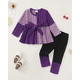 thumbnail image 3 of Toddler Baby Girls Clothes 2-3T Girls Fall Winter Outfits Girls Long Sleeve Color-blocked Top Pants 2PCS Set Purple, 3 of 5