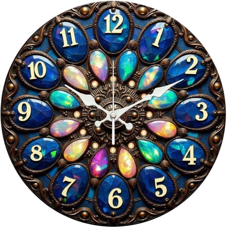 Hoease 10 Inch Silent Wall Clock, Opal Gemstone Vintage Carved Decorative Wall Clock, Battery Operated Non-Ticking Round Clock for Living Room Bedroom Luxury Home Decor