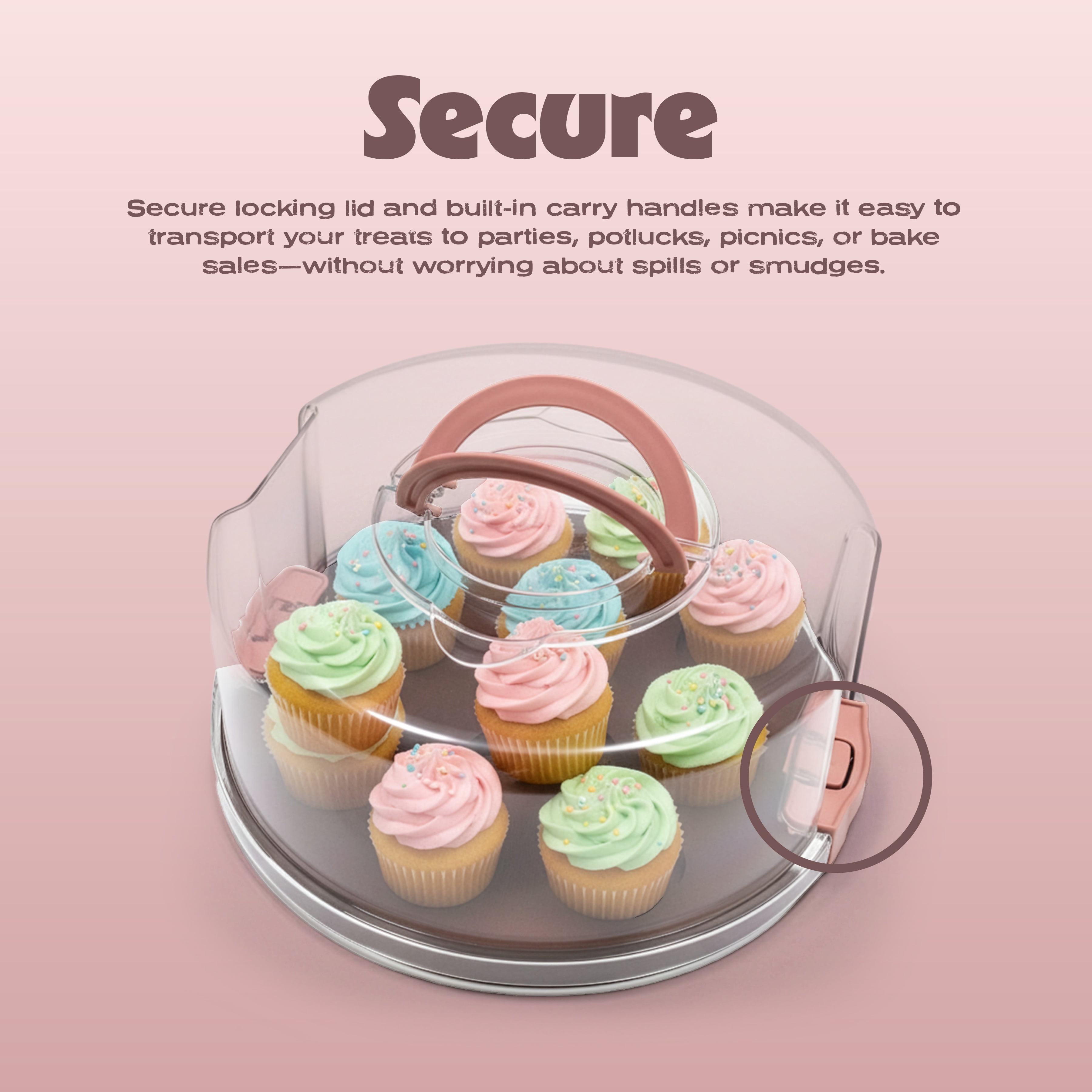 Cook with Color Dark Walnut Wood Cake and Cupcake Carrier, 2-in-1 Reversible Tray with Locking Lid, Dark Walnut