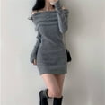 thumbnail image 3 of Aellinatey Trendy off Shoulder Sweater Mini Dress Solid Color Long Sleeve Knit Dresses, 3 of 16