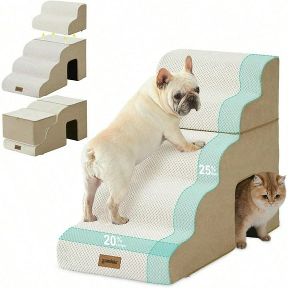 Dog Stairs for Large Dogs 24 H Pet Stairs Ramp for High Bed 2 in 1 with Zippers Suitable for Cats Indoor Cat Ladders with NonSlip Bottom Beige