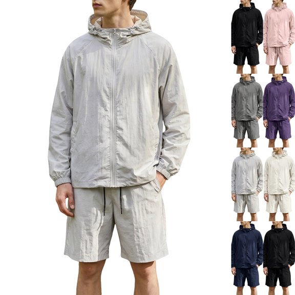 Mens Tracksuit Casual 2 Piece Waterproof Rain Jacket and Cargo Shorts Set Athletic Jogging Sports Outfits,Light Gray,2XL
