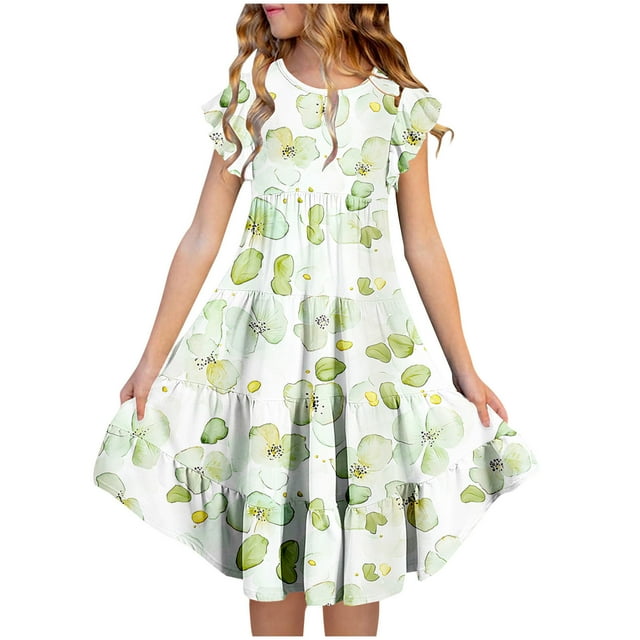 Zpanxa Robes Florales pour Filles Été Manches Courtes Manches Volantées Col Rond Imprimé de Fleurs Taille Poche Robe Superposée Polyester Spandex Multicolore 6-7 Ans
