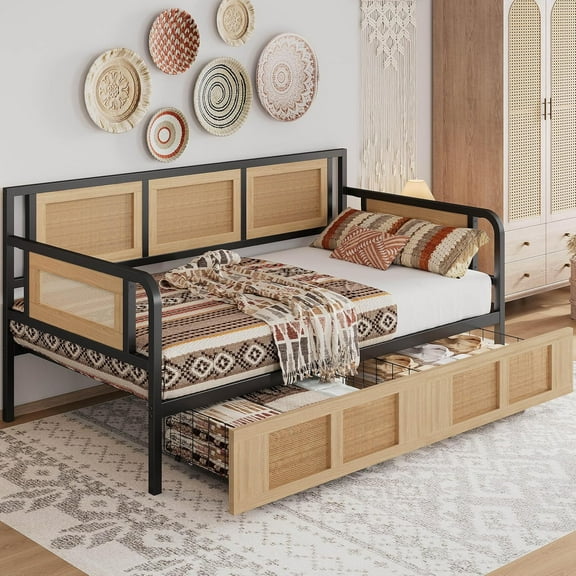 ANCTOR Twin Daybed, Day Bed Frame with Storage Drawers, Rattan Boho Corner Bed Frames with Strong Supports, Sofa DayBed for Living Room, Bedroom, and Guest Room, Black