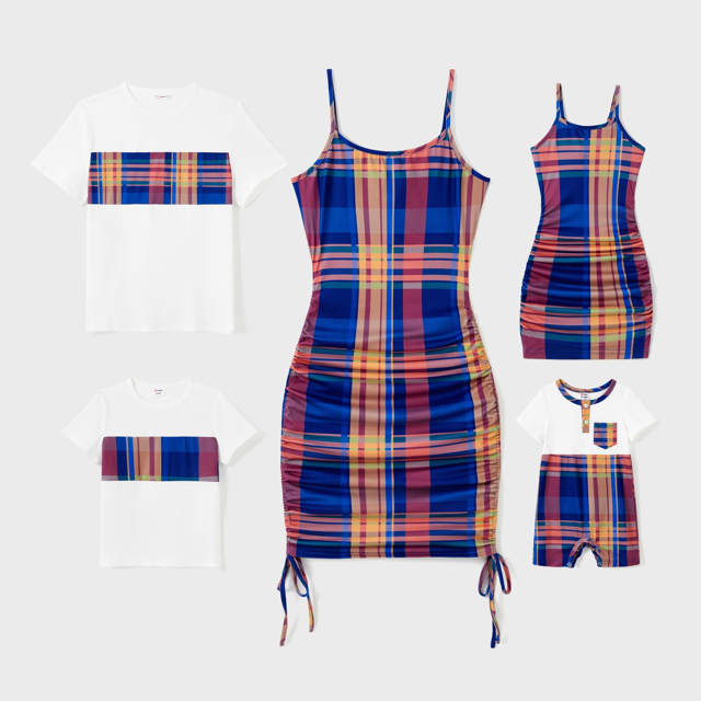 PatPat Family Matching Sets Preppy Style Plaid Panel Tee or Ruched Design Drawstring Side Bodycon Strap Dress