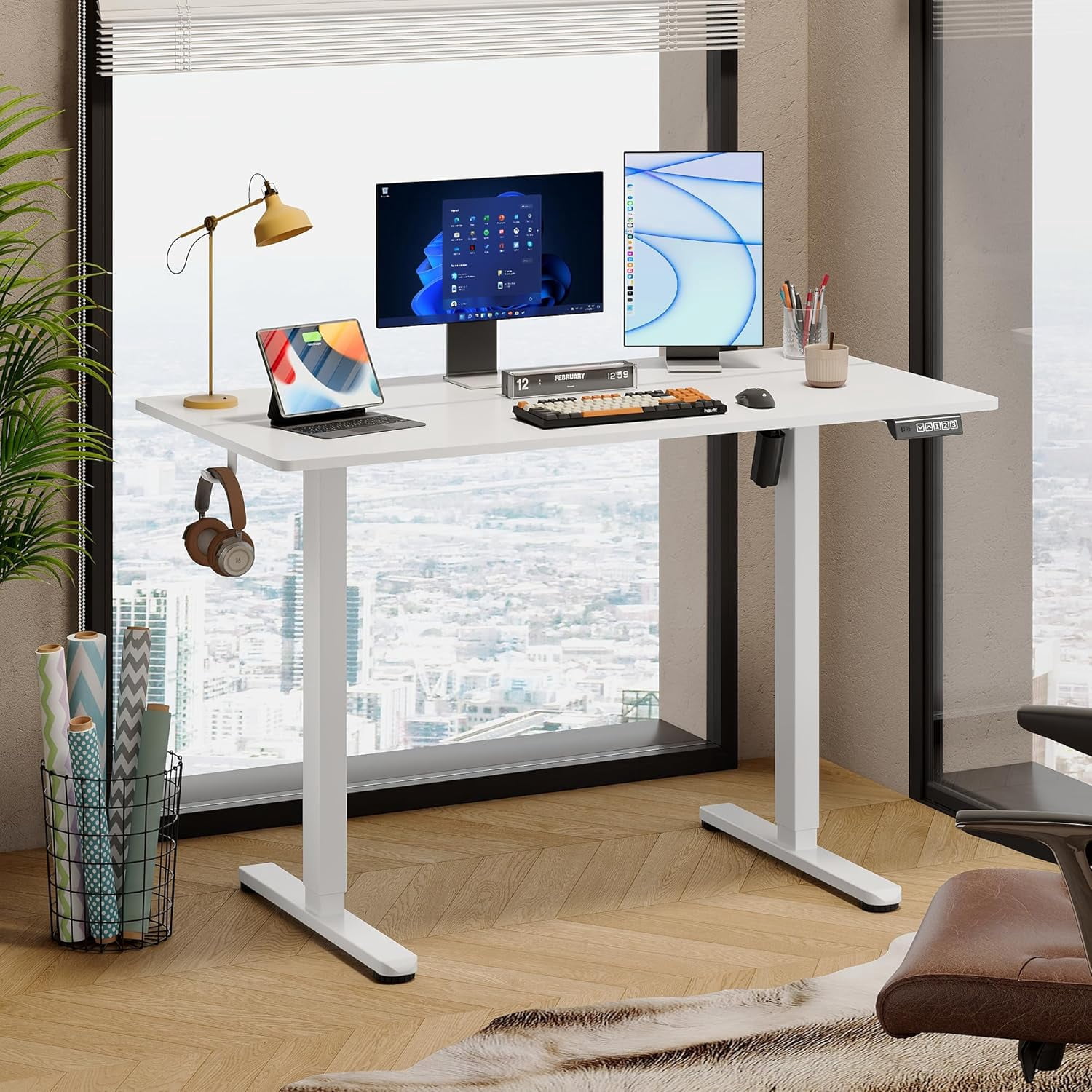 MorandiMal 48 Inch Electric Standing Desk, 3 Adjustable Height Stand up Desk for Home Office, Ergonomic Sit to Stand Desk with LED Touchscreen，Headphone Hook, 3 Memory Preset Computer Desk (White)