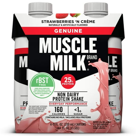 (3 Pack) Muscle Milk Genuine Non-Dairy Protein Shake, Strawberries 'N Crème, 25g Protein, 11 Fl Oz, 4 (Best Milk To Drink For Muscle Gain)