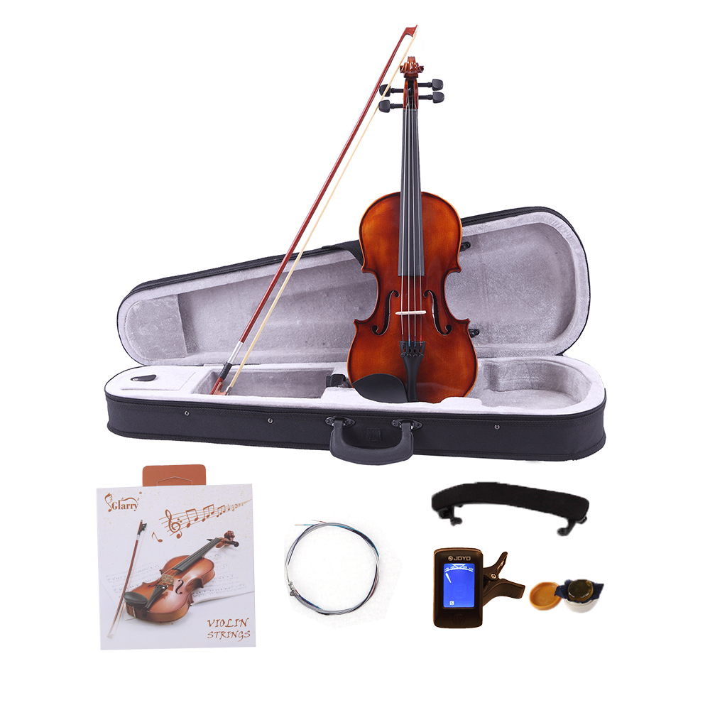 4/4 Full Size Violin Kit, Classic Wood Violin with Case Bow Violin Strings Rosin Shoulder Rest Electronic Tuner, Polished Brown