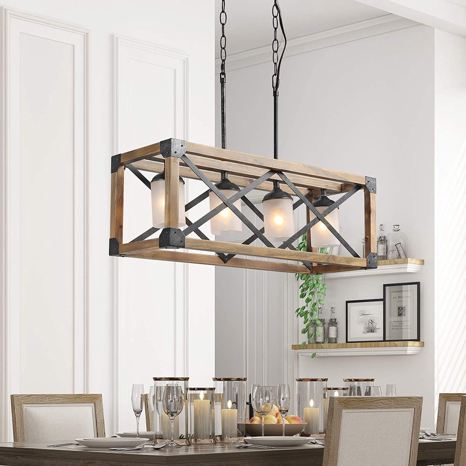 LNC 4 Lights Antique Black and Brown Wood Farmhouse Linear Rectangular Chandelier for Kitchen Island