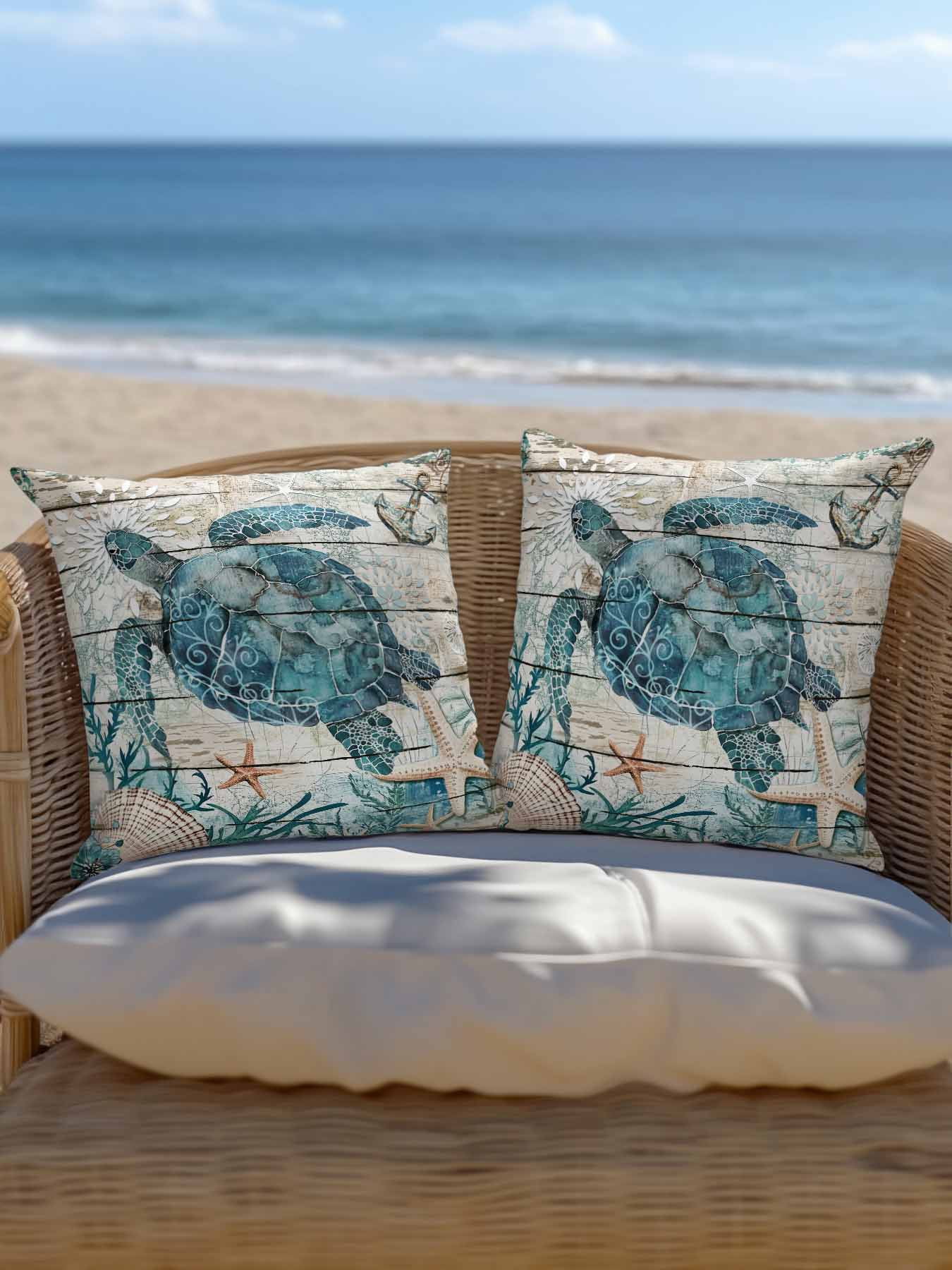 Outdoor Pillows Waterproof, Teal Sea Turtle Coastal Bedding Throw Pillows with Insert for Couch Sofa Bed, Summer Beach Nautical Starfish Retro 18x18 Inch Pillowcases Decorative Patio Pillow Set of 1