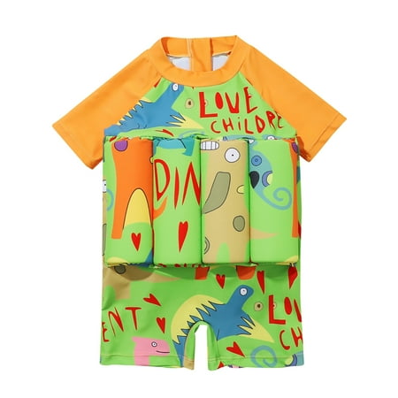 

0-6Y Baby Toddler Boys Float Suit One Piece Rashguard Cartoon Short Sleeve Zip up Buoyancy Sticks Swimsuit