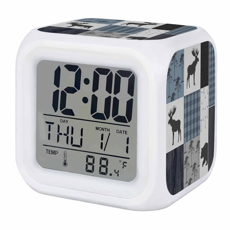 Vintage Plaid Digital Alarm Clock for Bedrooms,Smart LED Alarm Clock with 7 Color Changing Night Light,Farmhouse Bear Deer Trees Forest Checked Silent Wake Up Clocks for Sleep Study Cooking 3.2x3.2