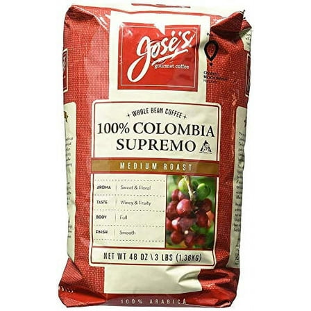 Jose's Whole Bean Coffee 100% Colombia Supremo, Medium Roast 3 Lbs / 1.36 kg