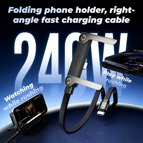 240W USB-C to USB-C Fast Charging Cable with Foldable Phone Stand, 90° Right Angle Connector, Braided, 1.5m/5ft, Black.