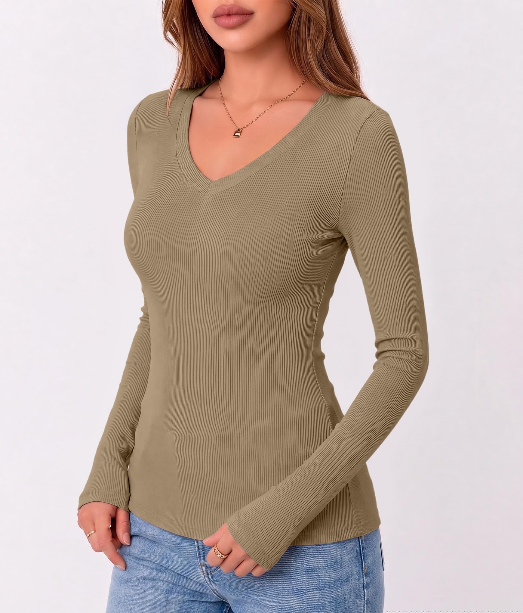 thumbnail image 6 of Zeagoo Long Sleeve Shirts for Women V Neck Top Ribbed Knit Fitted Basic Tee Going Out Tops Casual Fall Trendy, 6 of 6