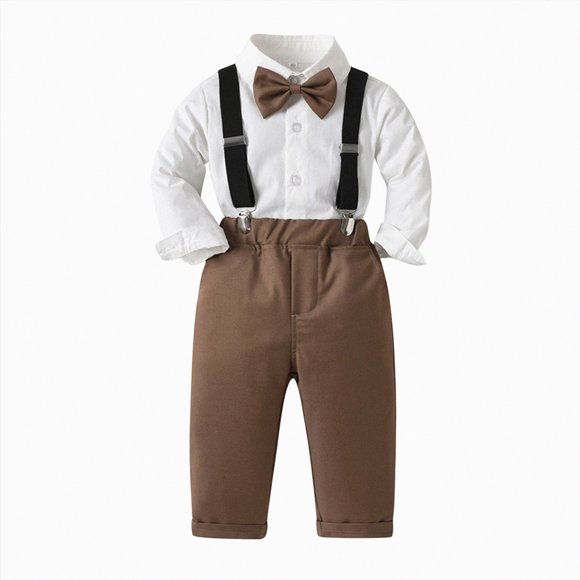 Zanarzt My First Christmas Baby Boy Outfits Toddler Boys Long Sleeve Shirt Tops Pants with Tie Child Kids Gentleman Outfits Party Dress Brown,2-3 Years