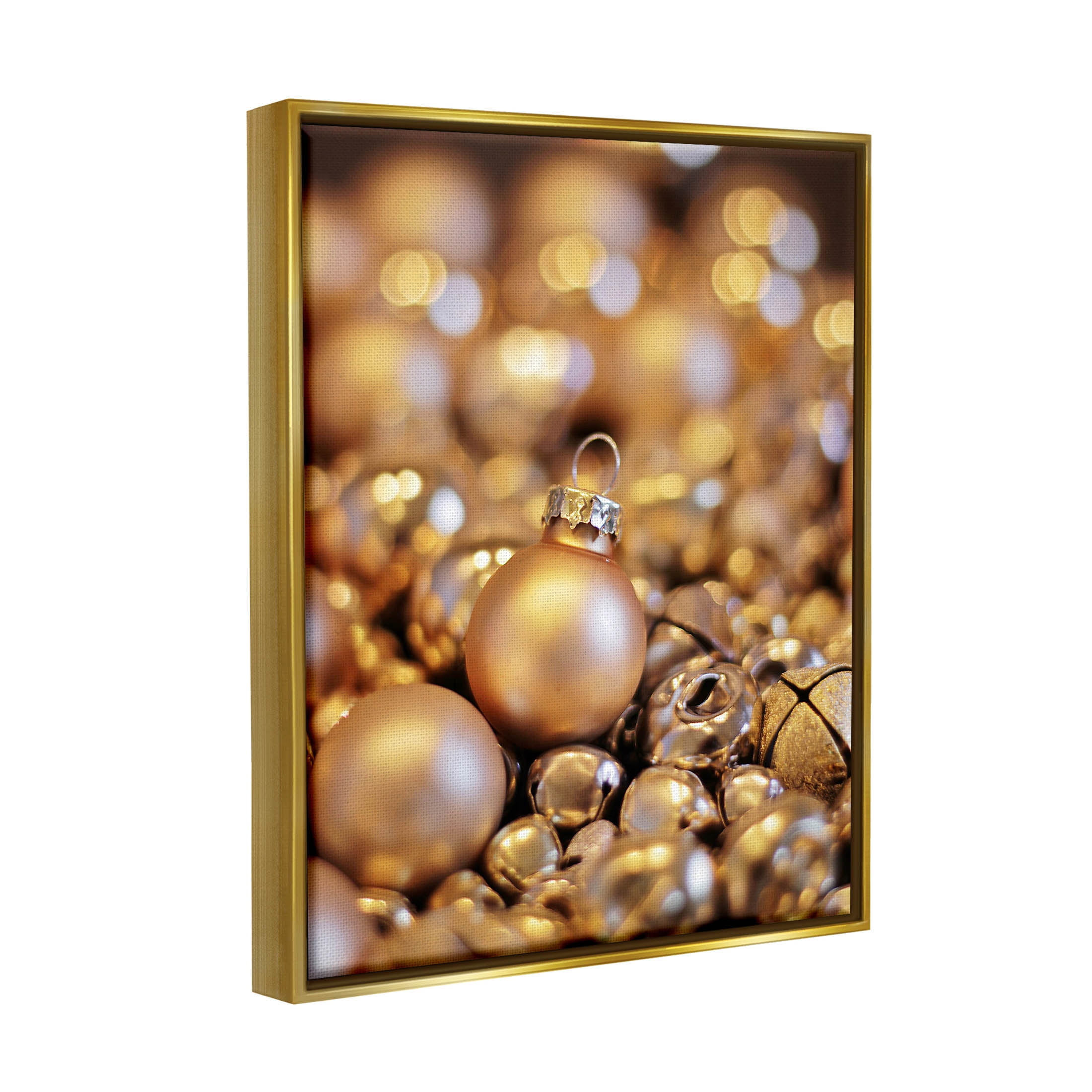 Gleaming Christmas Ornaments Bells Holiday Photograph Metallic Gold Framed Art Print Wall Art