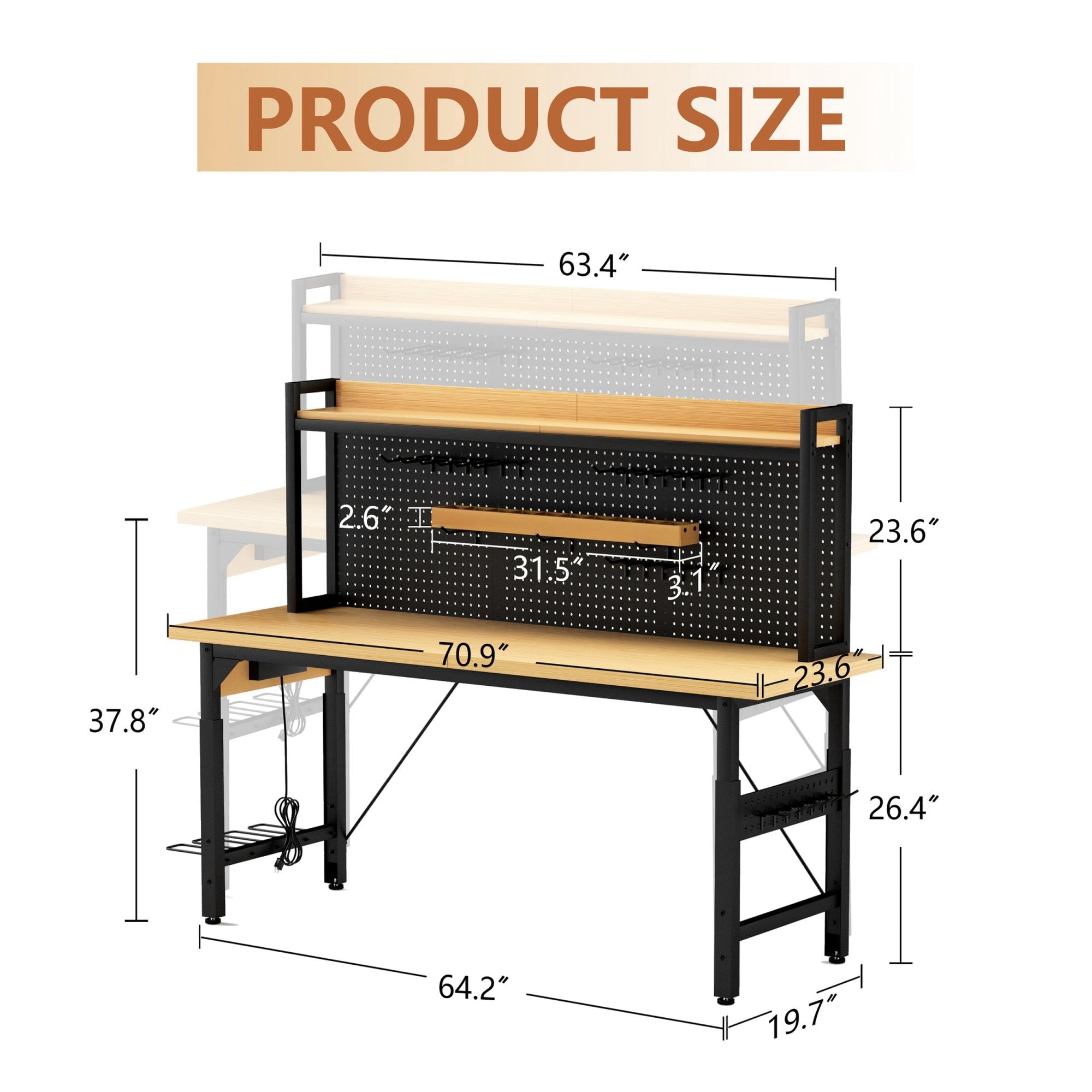 Sailvan 71" Adjustable Workbench with Pegboard, Heavy Duty Wooden Desktop