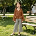 thumbnail image 5 of SGFCWSX Girls 2 Piece Outfits Bell Sleeve V Neck Peplum Tops Striped Wide Leg Pants Casual Clothes Set Brown Size 8, 5 of 8