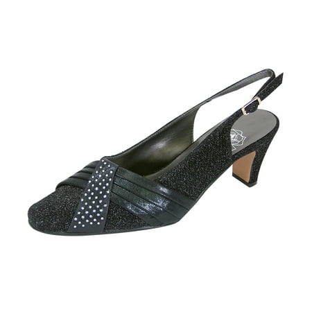 

FLORAL Layla Women s Wide Width Glittery Slingback with Pleated Front Crystals BLACK 8.5