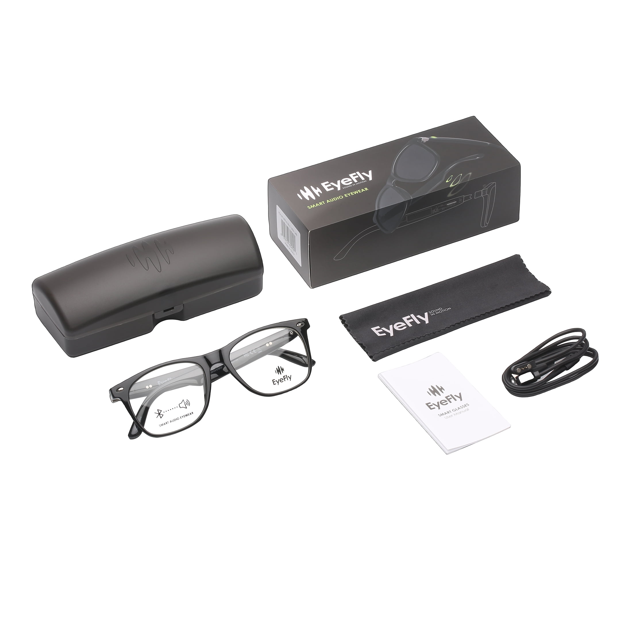 Eyefly Stream Prescription Ready Bluetooth Rechargeable Unisex Eyeglasses,Black, Includes Case