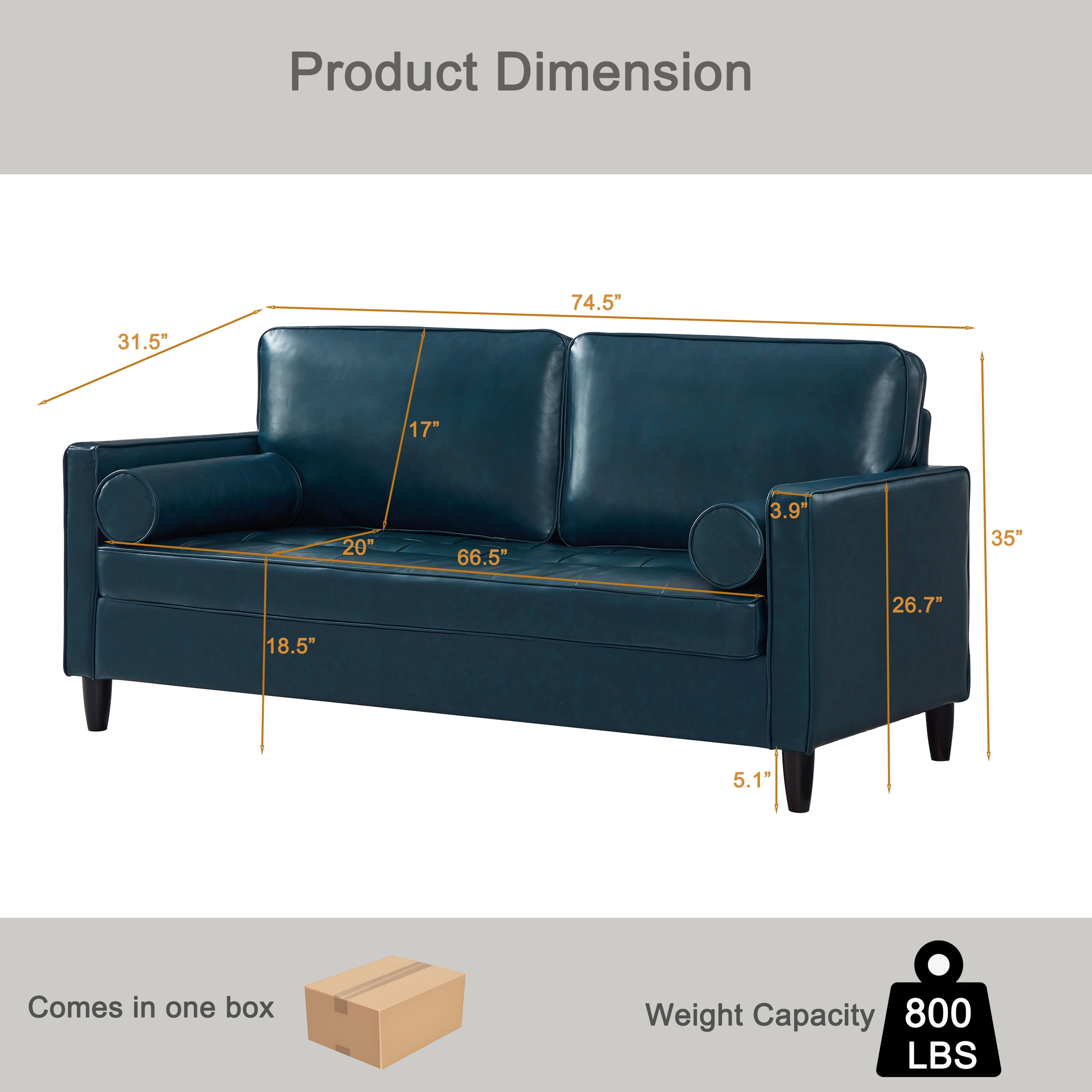 Leumius 74.5"W 3-Seater Sofa Loveseat Sofa Faux Leather Breathable Upholstered Sofa Couch with Solid Wood Legs for Living Room, Apartment & Office,Navy Blue