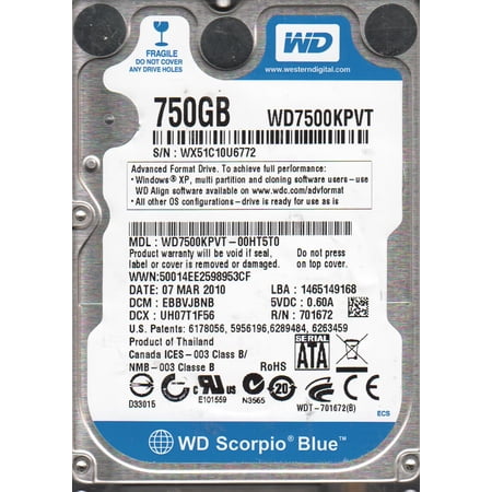 WD7500KPVT-00HT5T0, DCM EBBVJBNB, Western Digital 750GB SATA 2.5 Hard Drive