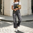 thumbnail image 4 of Ruohan Women's Floral Denim Overalls Adjustable Straps Wide Leg Fringe Hem Jumpsuit, 4 of 6