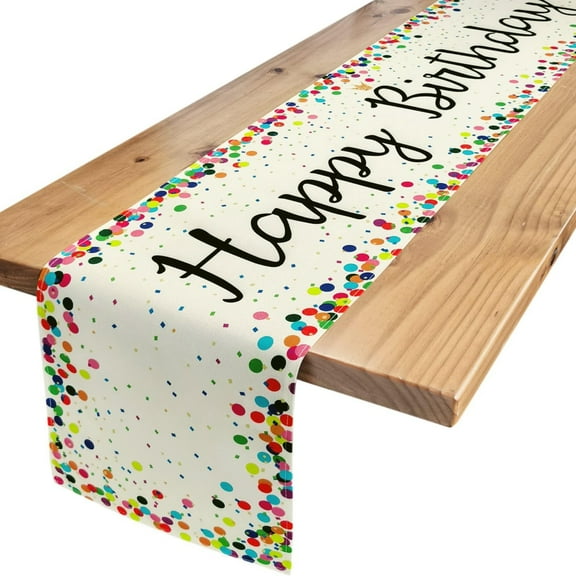TETOU 72" White Linen Happy Birthday Table Runner for Party Supplies and Table Decor