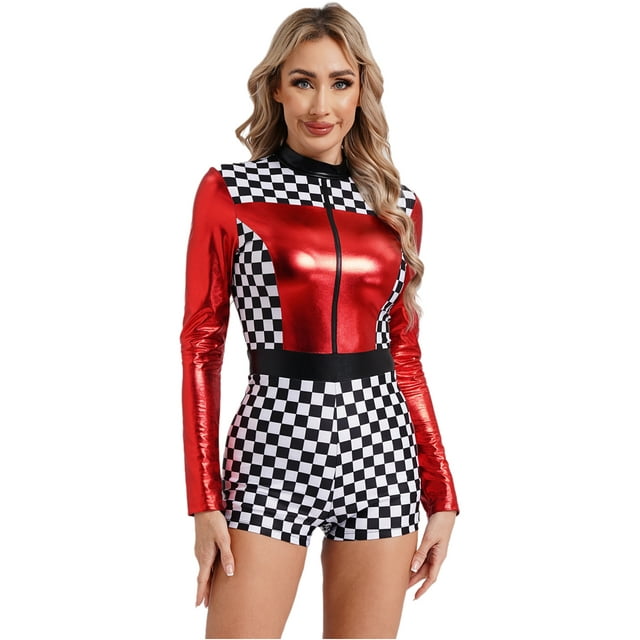 LiiYii Women Car Racer Driving Jumpsuit Bodysuit Wetlook Long Sleeve Bodycon Checkerboard Costumes Red XL