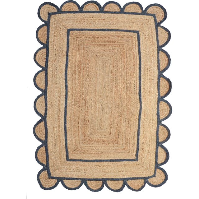 Shree Exports Hand Woven Farmhouse Jute Area Scalloped Rug (Navy Blue, 8'x10' Feet)