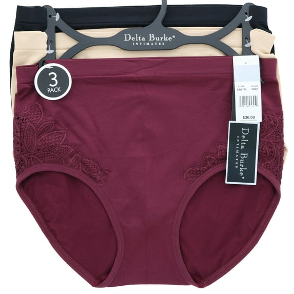 Delta Burke Women's Hi Rise Lace Trim Brief Panties - Black, Nude, & Burgundy - Large 7