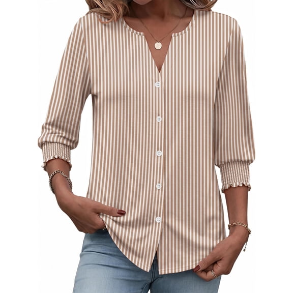 Button Down Up 3/4 Sleeve Shirt V Neck Women Dressy Business Casual Blouse Work Tops Trendy