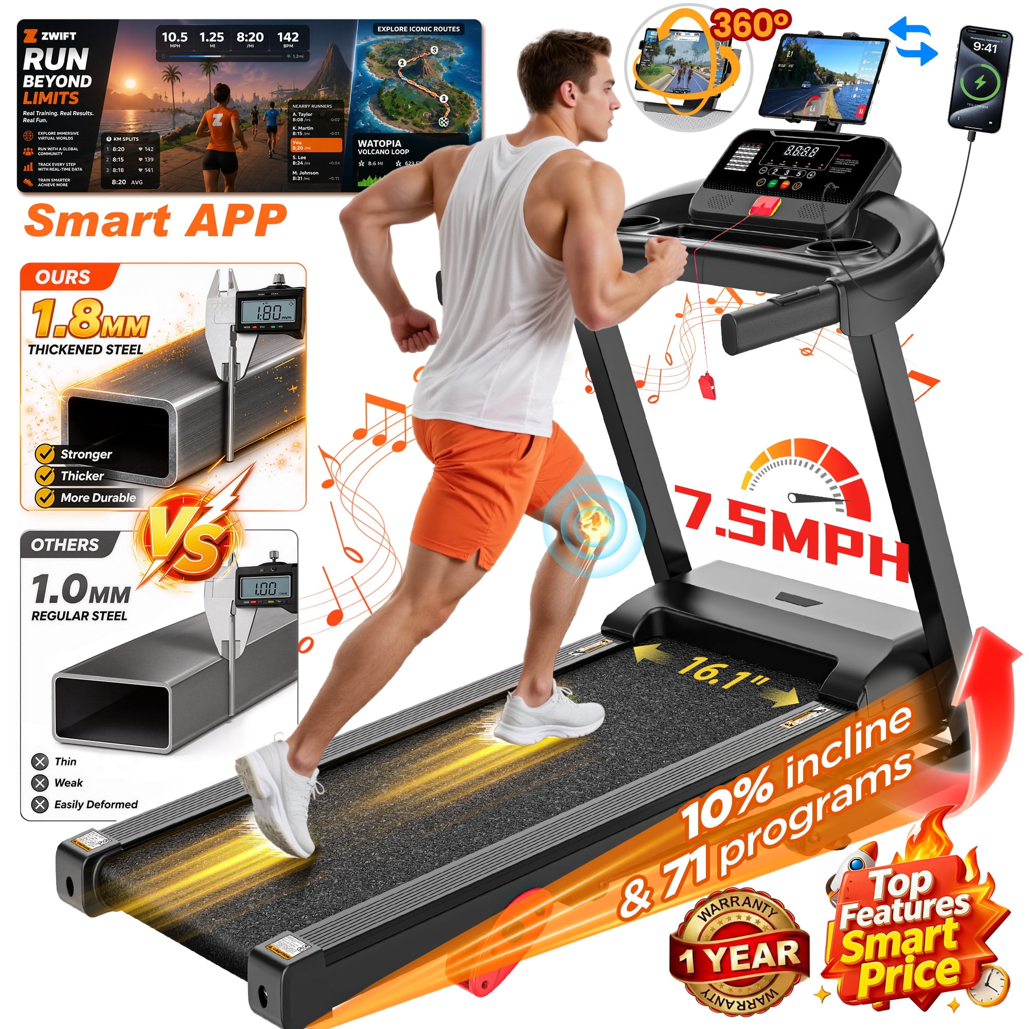 300 lbs Capacity Portable Treadmill for Home&Office, 3.65HP Brushless Motor Treadmill with Manual Incline, 71 Programs, APP Control, Tablet Holder, 7.5MPH, Exercise treadmill for Walking, Jogging